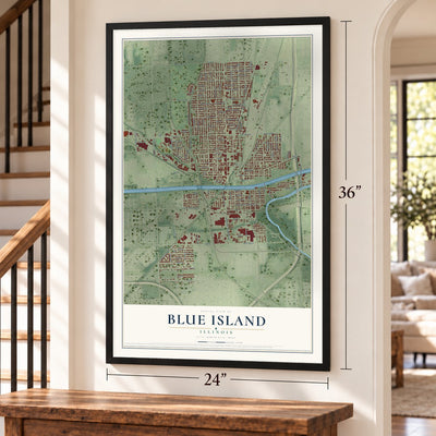 Blue Island, Illinois map, 24 x 36 inch print in a black frame by a staircase