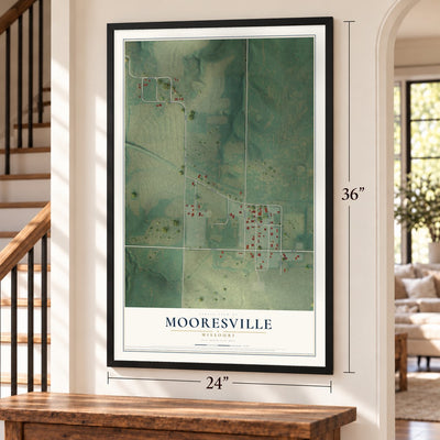Mooresville, Missouri map, 24 x 36 inch print in a black frame by a staircase
