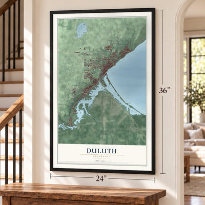 Duluth, Minnesota map, 24 x 36 inch print in a black frame by a staircase