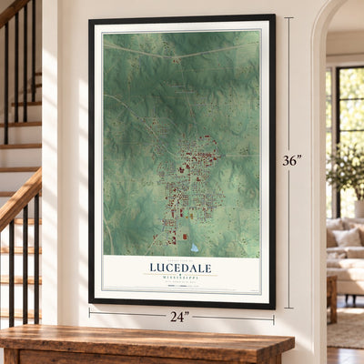 Lucedale, Mississippi map, 24 x 36 inch print in a black frame by a staircase