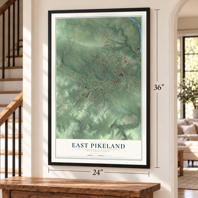 East Pikeland, Pennsylvania map, 24 x 36 inch print in a black frame by a staircase