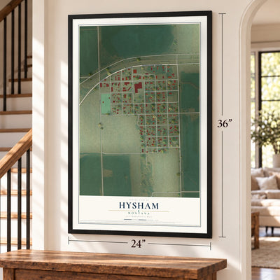 Hysham, Montana map, 24 x 36 inch print in a black frame by a staircase