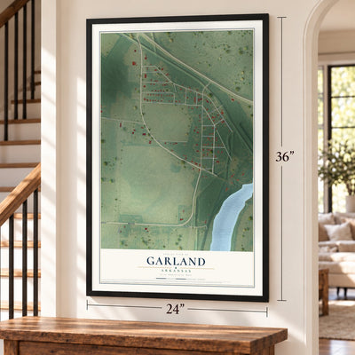 Garland, Arkansas map, 24 x 36 inch print in a black frame by a staircase
