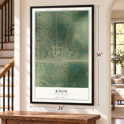 Knox, North Dakota map, 24 x 36 inch print in a black frame by a staircase