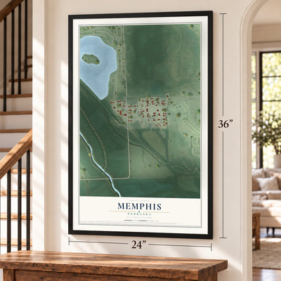 Memphis, Nebraska map, 24 x 36 inch print in a black frame by a staircase