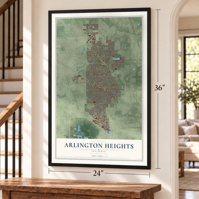 Arlington Heights, Illinois map, 24 x 36 inch print in a black frame by a staircase
