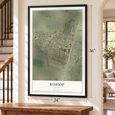 Bishop, Texas map, 24 x 36 inch print in a black frame by a staircase