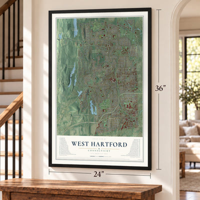 West Hartford, Connecticut map, 24 x 36 inch print in a black frame by a staircase