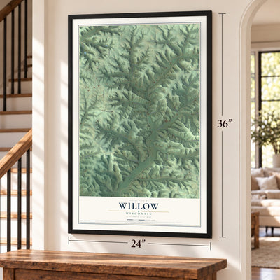Willow, Wisconsin map, 24 x 36 inch print in a black frame by a staircase
