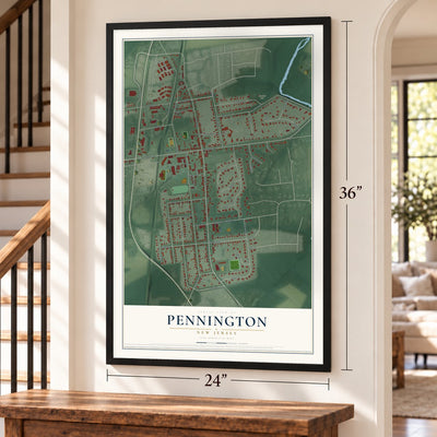 Pennington, New Jersey map, 24 x 36 inch print in a black frame by a staircase