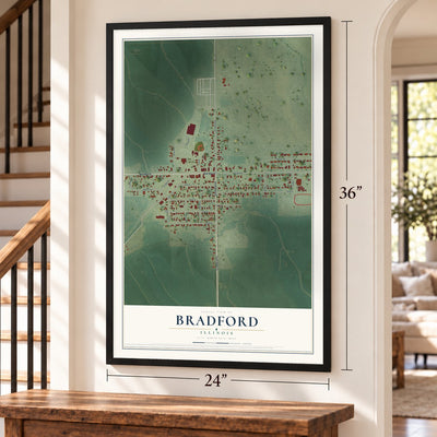 Bradford, Illinois map, 24 x 36 inch print in a black frame by a staircase