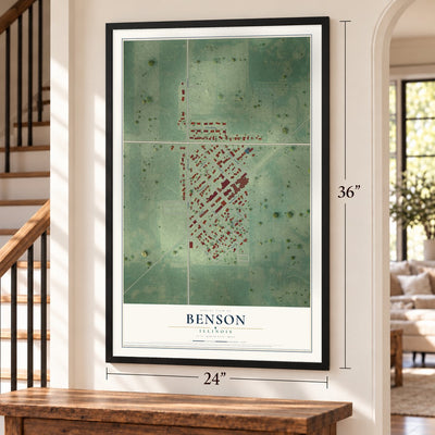 Benson, Illinois map, 24 x 36 inch print in a black frame by a staircase