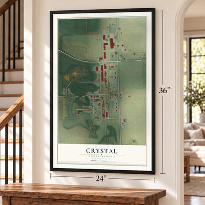 Crystal, North Dakota map, 24 x 36 inch print in a black frame by a staircase