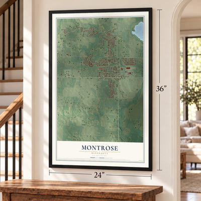 Montrose, Minnesota map, 24 x 36 inch print in a black frame by a staircase