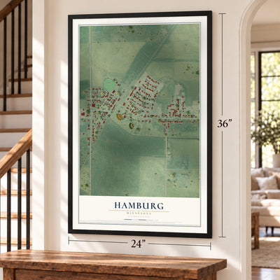 Hamburg, Minnesota map, 24 x 36 inch print in a black frame by a staircase