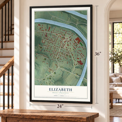 Elizabeth, West Virginia map, 24 x 36 inch print in a black frame by a staircase