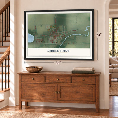 Middle Point, Ohio map, 24 x 36 inch print in a black frame above a dresser by a staircase