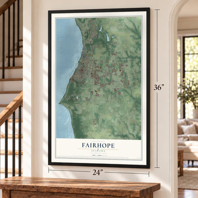 Fairhope, Alabama map, 24 x 36 inch print in a black frame by a staircase
