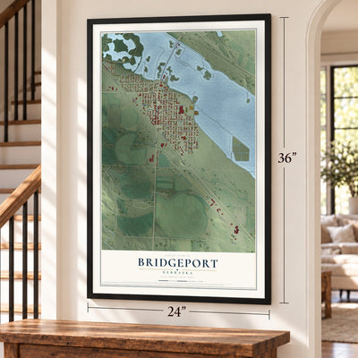 Bridgeport, Nebraska map, 24 x 36 inch print in a black frame by a staircase