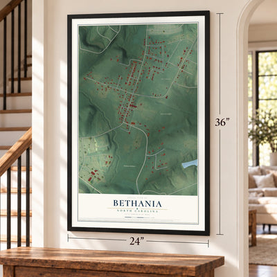 Bethania, North Carolina map, 24 x 36 inch print in a black frame by a staircase