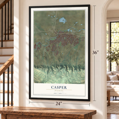 Casper, Wyoming map, 24 x 36 inch print in a black frame by a staircase