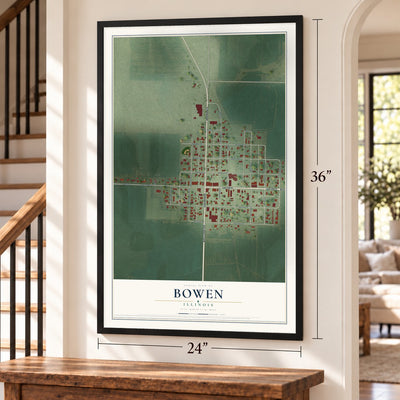 Bowen, Illinois map, 24 x 36 inch print in a black frame by a staircase