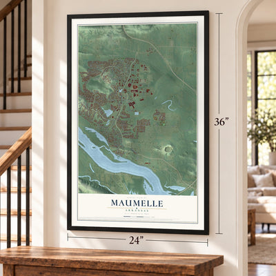 Maumelle, Arkansas map, 24 x 36 inch print in a black frame by a staircase