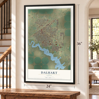 Dalhart, Texas map, 24 x 36 inch print in a black frame by a staircase