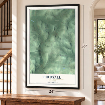 Birdsall, New York map, 24 x 36 inch print in a black frame by a staircase