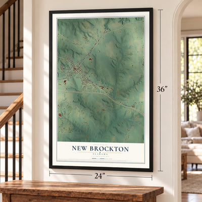 New Brockton, Alabama map, 24 x 36 inch print in a black frame by a staircase