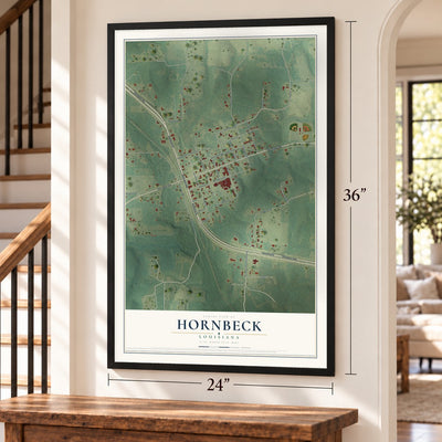 Hornbeck, Louisiana map, 24 x 36 inch print in a black frame by a staircase