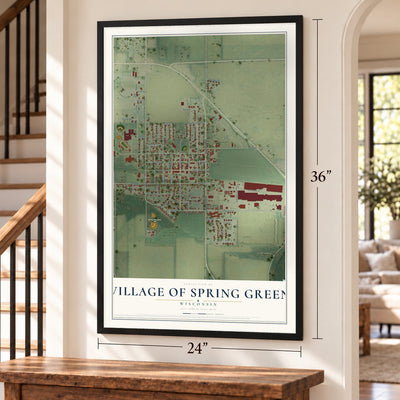 Spring Green, Wisconsin map, 24 x 36 inch print in a black frame by a staircase