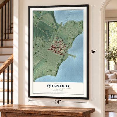 Quantico, Virginia map, 24 x 36 inch print in a black frame by a staircase