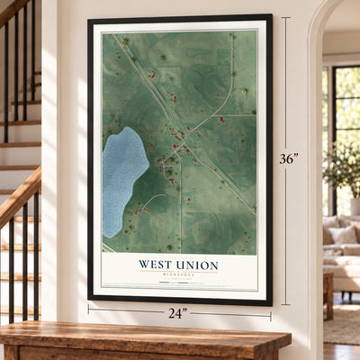 West Union, Minnesota map, 24 x 36 inch print in a black frame by a staircase