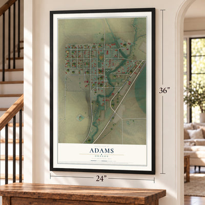Adams, Oregon map, 24 x 36 inch print in a black frame by a staircase