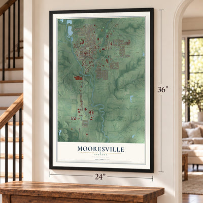 Mooresville, Indiana map, 24 x 36 inch print in a black frame by a staircase