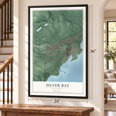 Silver Bay, Minnesota map, 24 x 36 inch print in a black frame by a staircase
