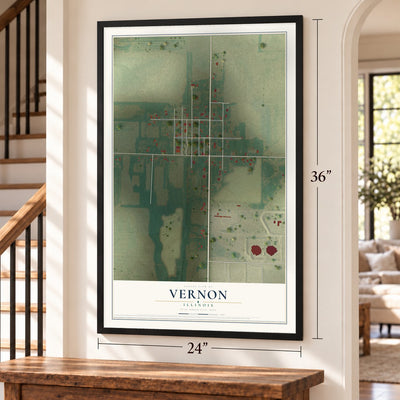 Vernon, Illinois map, 24 x 36 inch print in a black frame by a staircase