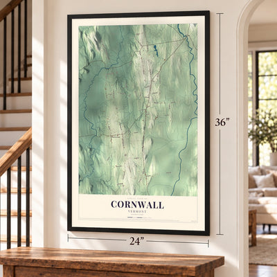 Cornwall, Vermont map, 24 x 36 inch print in a black frame by a staircase