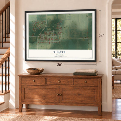 Thayer, Illinois map, 24 x 36 inch print in a black frame above a dresser by a staircase