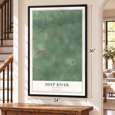 Deep River, Michigan map, 24 x 36 inch print in a black frame by a staircase