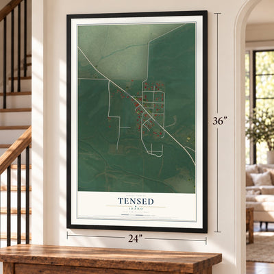 Tensed, Idaho map, 24 x 36 inch print in a black frame by a staircase