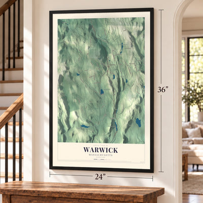 Warwick, Massachusetts map, 24 x 36 inch print in a black frame by a staircase