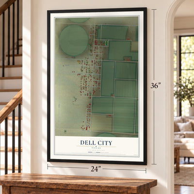 Dell City, Texas map, 24 x 36 inch print in a black frame by a staircase