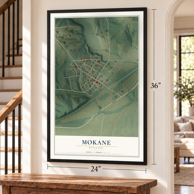 Mokane, Missouri map, 24 x 36 inch print in a black frame by a staircase