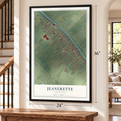 Jeanerette, Louisiana map, 24 x 36 inch print in a black frame by a staircase