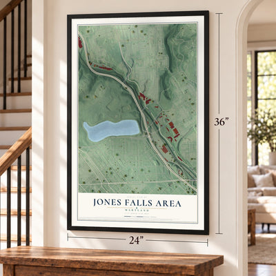 Jones Falls Area, Maryland map, 24 x 36 inch print in a black frame by a staircase
