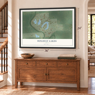 Holiday Lakes, Texas map, 24 x 36 inch print in a black frame above a dresser by a staircase