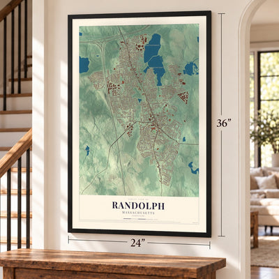 Randolph, Massachusetts map, 24 x 36 inch print in a black frame by a staircase