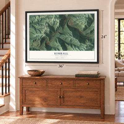 Kimball, West Virginia map, 24 x 36 inch print in a black frame above a dresser by a staircase